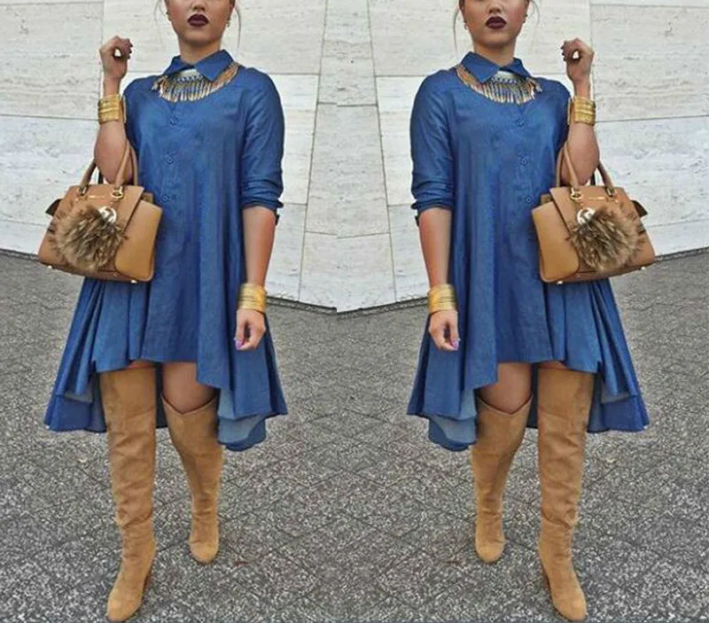 Модная женская джинсовая рубашка Повседневная Свободная с длинным рукавом мини