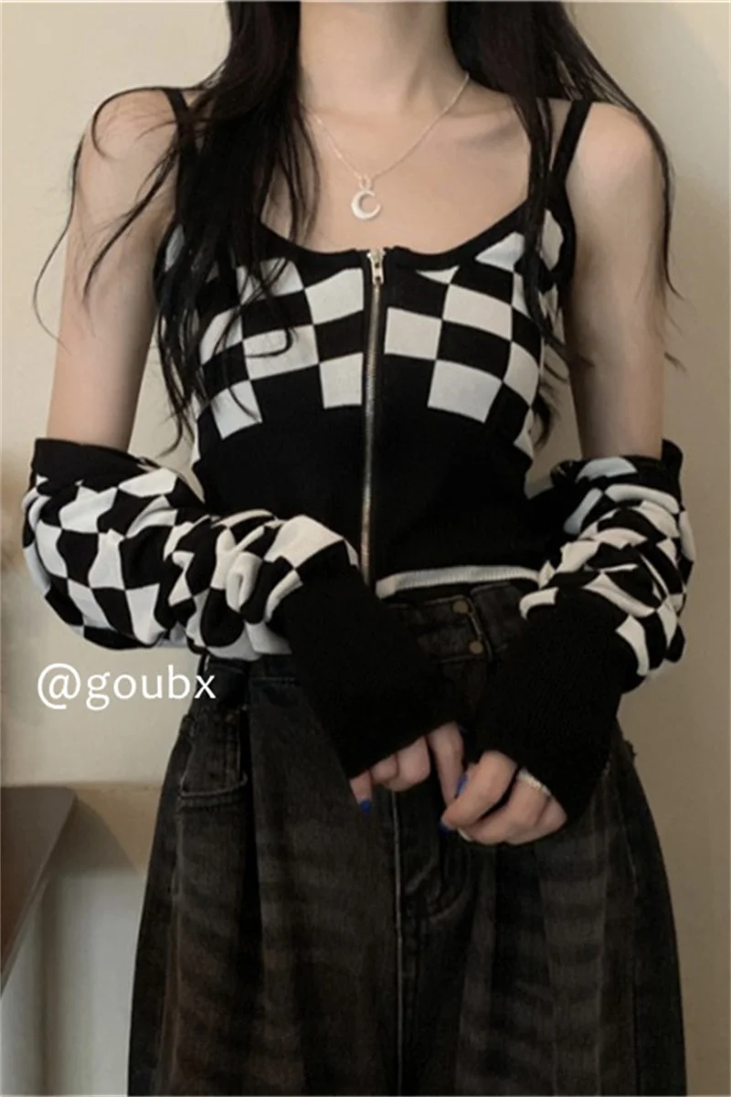 Вязаный кардиган в черно-белую клетку для женщин осенняя популярная одежда