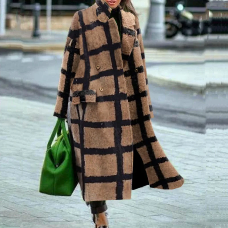 

High Fashion Plaid Print Long Overcoat Outwear Women Elegant Lapel Tops Coats 2021 Winter Long Sleeve Pocket Cardigan Streetwear