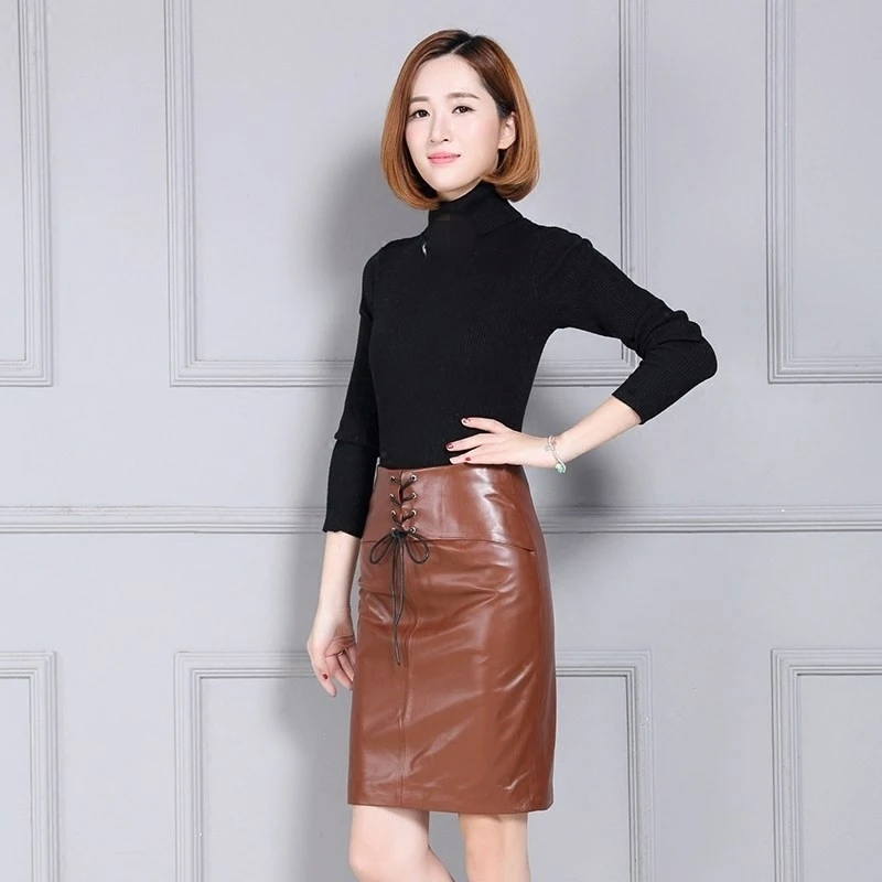 Женские юбки из натуральной кожи с высокой талией для офиса осенне зимняя