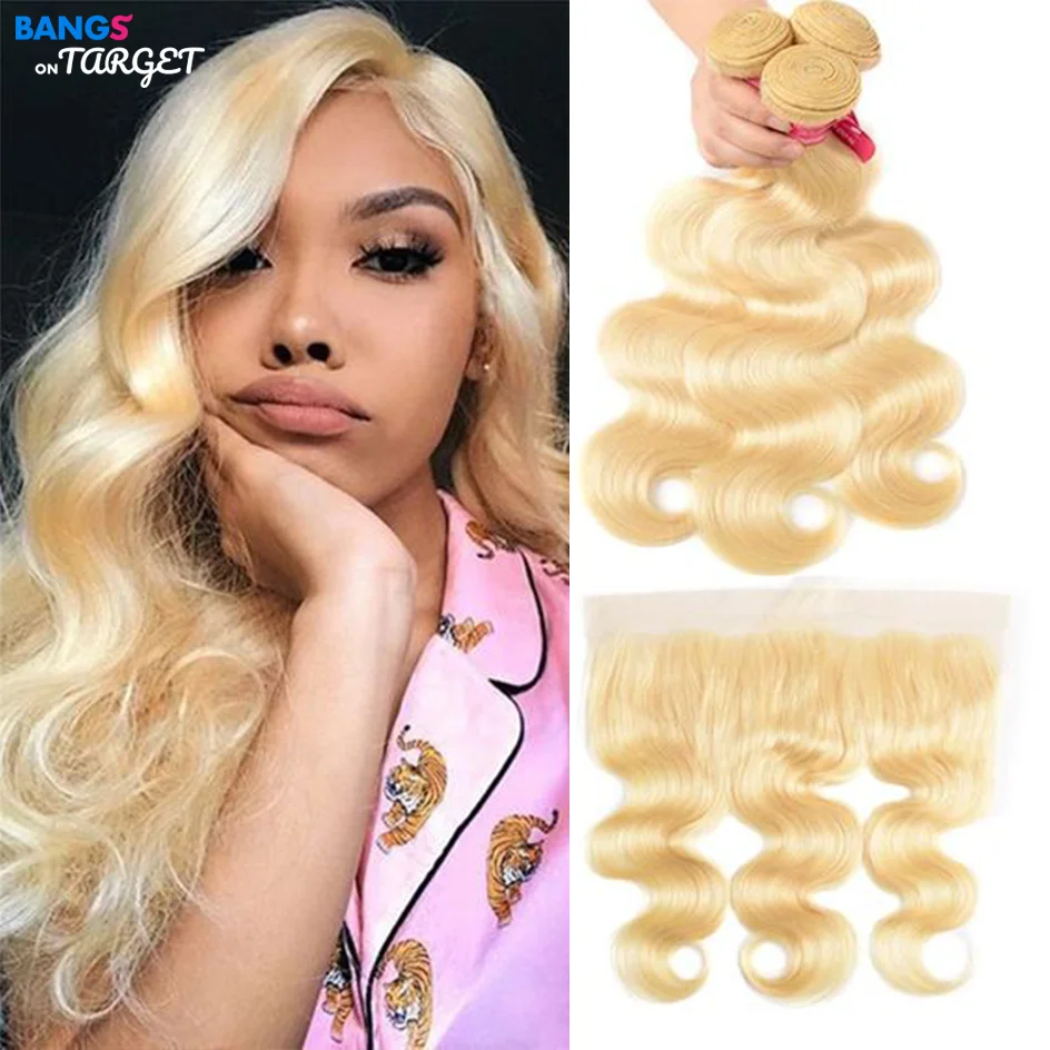 613 Body Wave Honey Blonde Bundles With Frontal HD Transparent Lace  100% Human Hair Brazilian Weaving Unprocessed virgin Hair