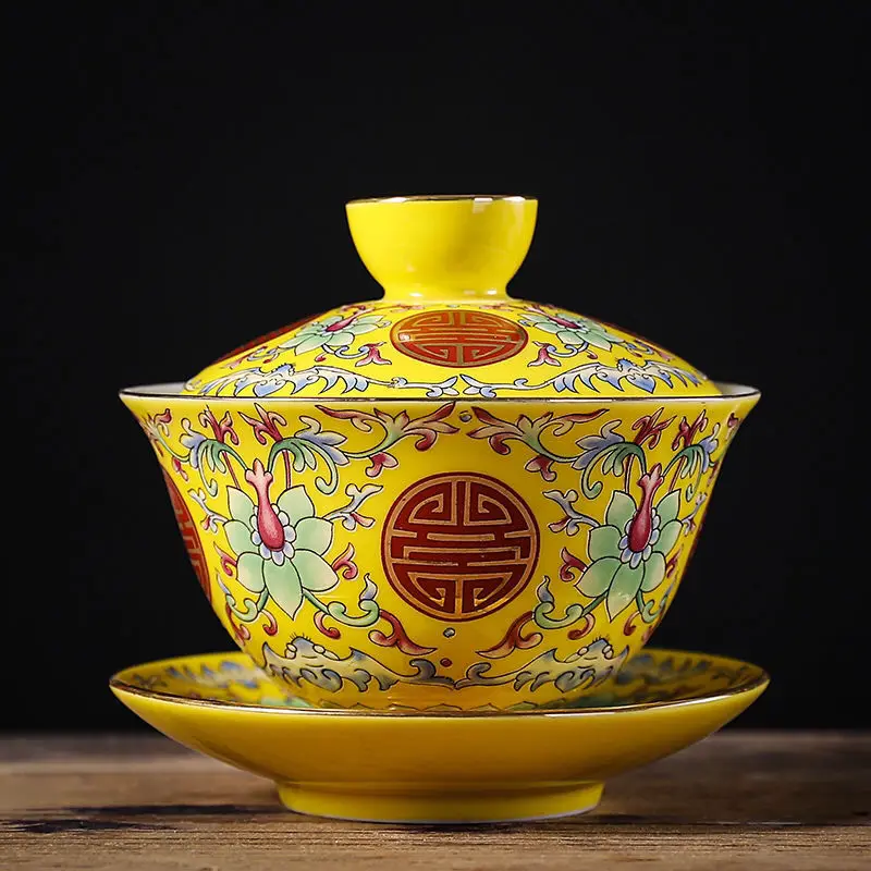 

Retro Palace Enamel Tea Tureen Outline In Gold Tea Set Chinese Kung Fu Tea Cup Gaiwan Tea Maker Ceramic Tea Infuser Teacup