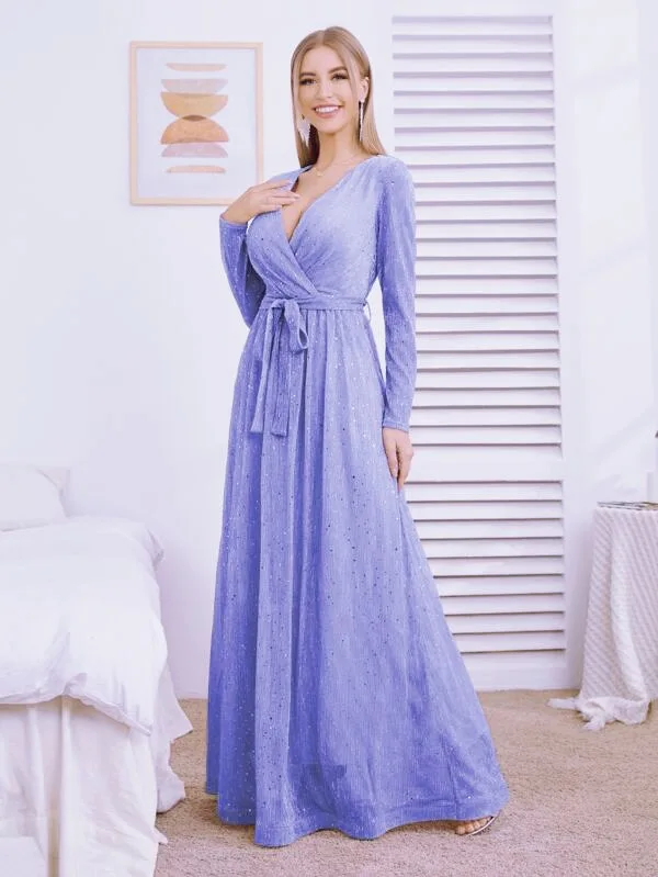 Женское Плиссированное Платье с V-образным вырезом длинным рукавом и блестками |