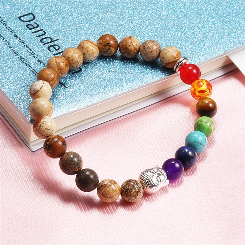 Браслет с натуральным камнем и бусинами в форме Будды 7 чакр целебный баланс