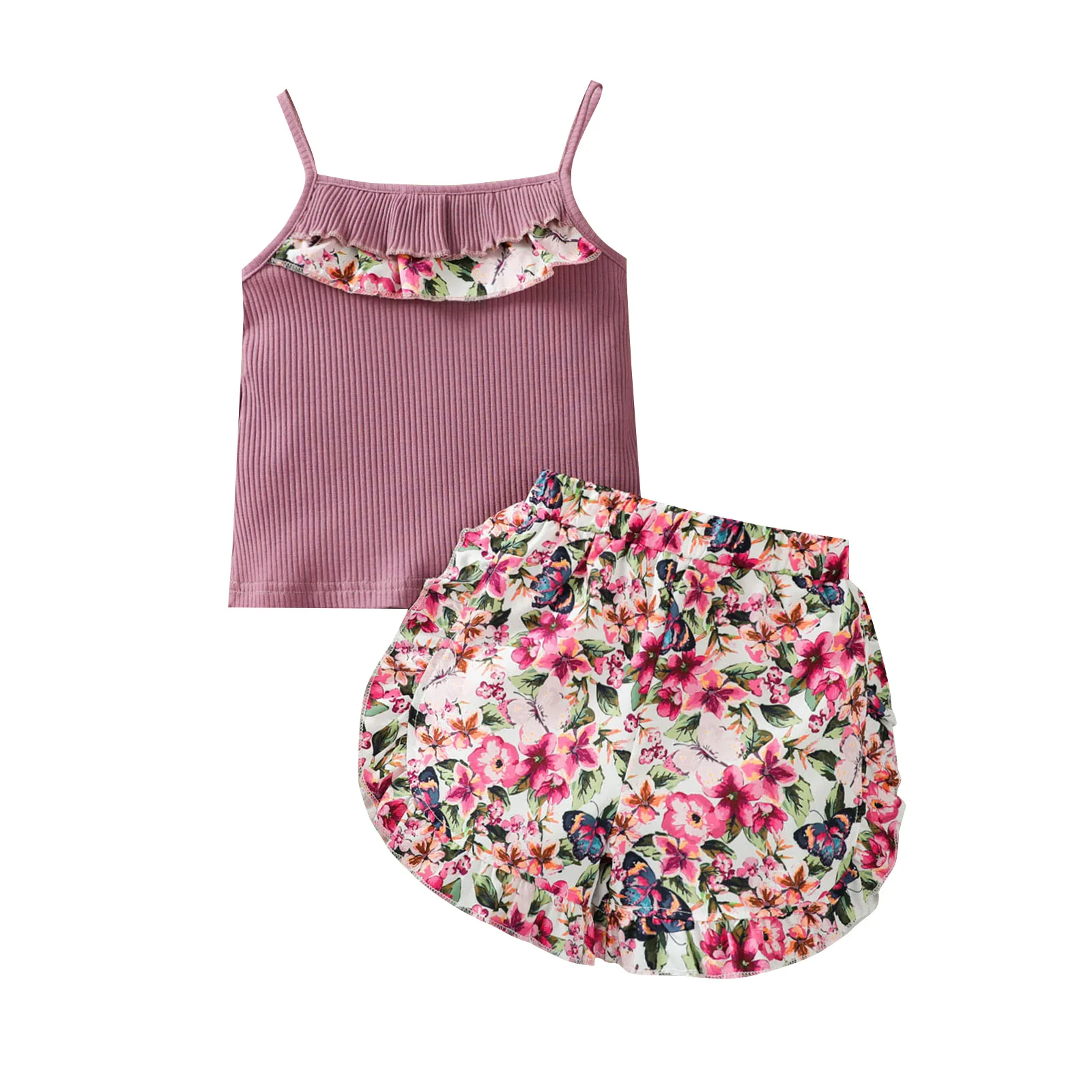 

Summer Clothing sets for Girl Solid-colored Sling Pit Striped Khabab Shredded Flower Shorts Two-piece Toddler Baby Girls Set