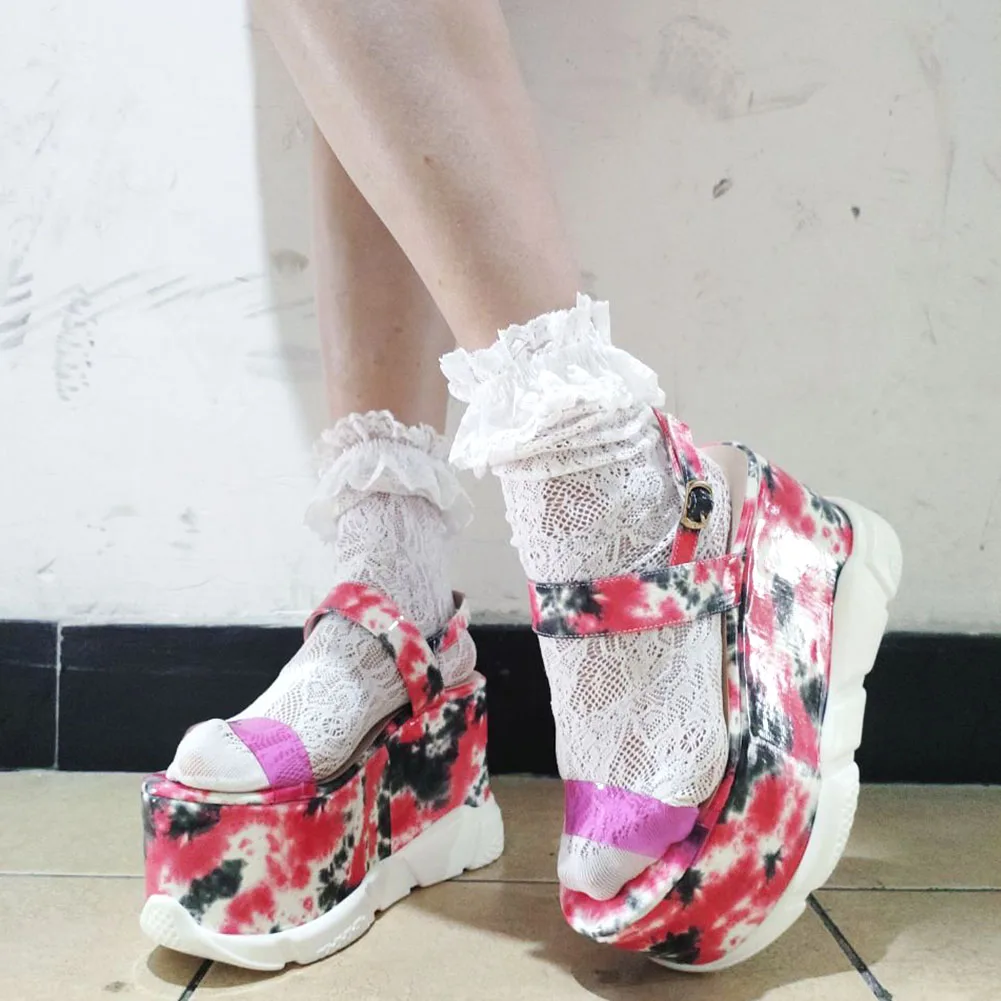 

2021 Luxury Brand Large Size 43 Tie Dye Color Leopard Fashion Gothic Style Platform Summer Thick Heel Wedges Shoes Women Sandals