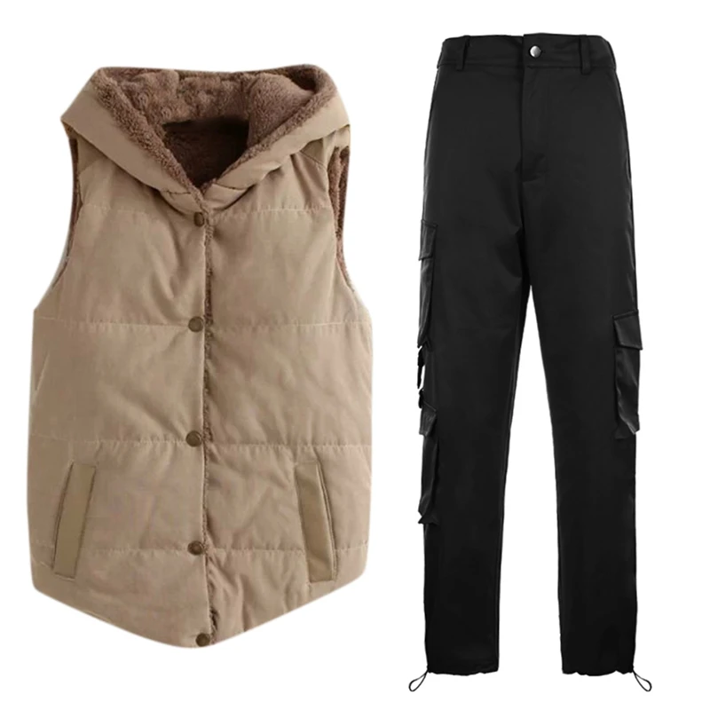 

Coral Fleece Hooded Women Vest Khaki XL With Retro High Waist Big Pocket Overalls Loose Cargo Pants L Size Black