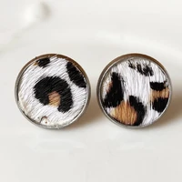 leopard genuine leather stainless steel button studs earrings for women
