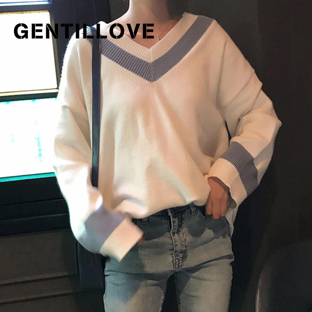 

Женский трикотажный пуловер с V-образным вырезом и рукавами «летучая мышь»