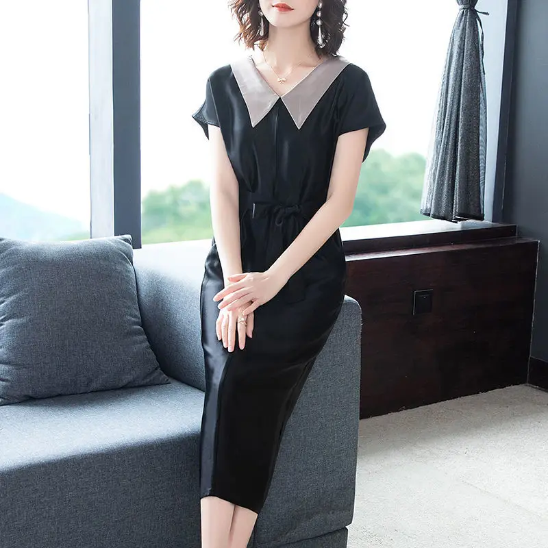 

2021 Women Spring Summer New Casual Satin Dresses Female Bow High Waist Short Sleeve A-line Dress Lady Elegant Loose Vestido J66