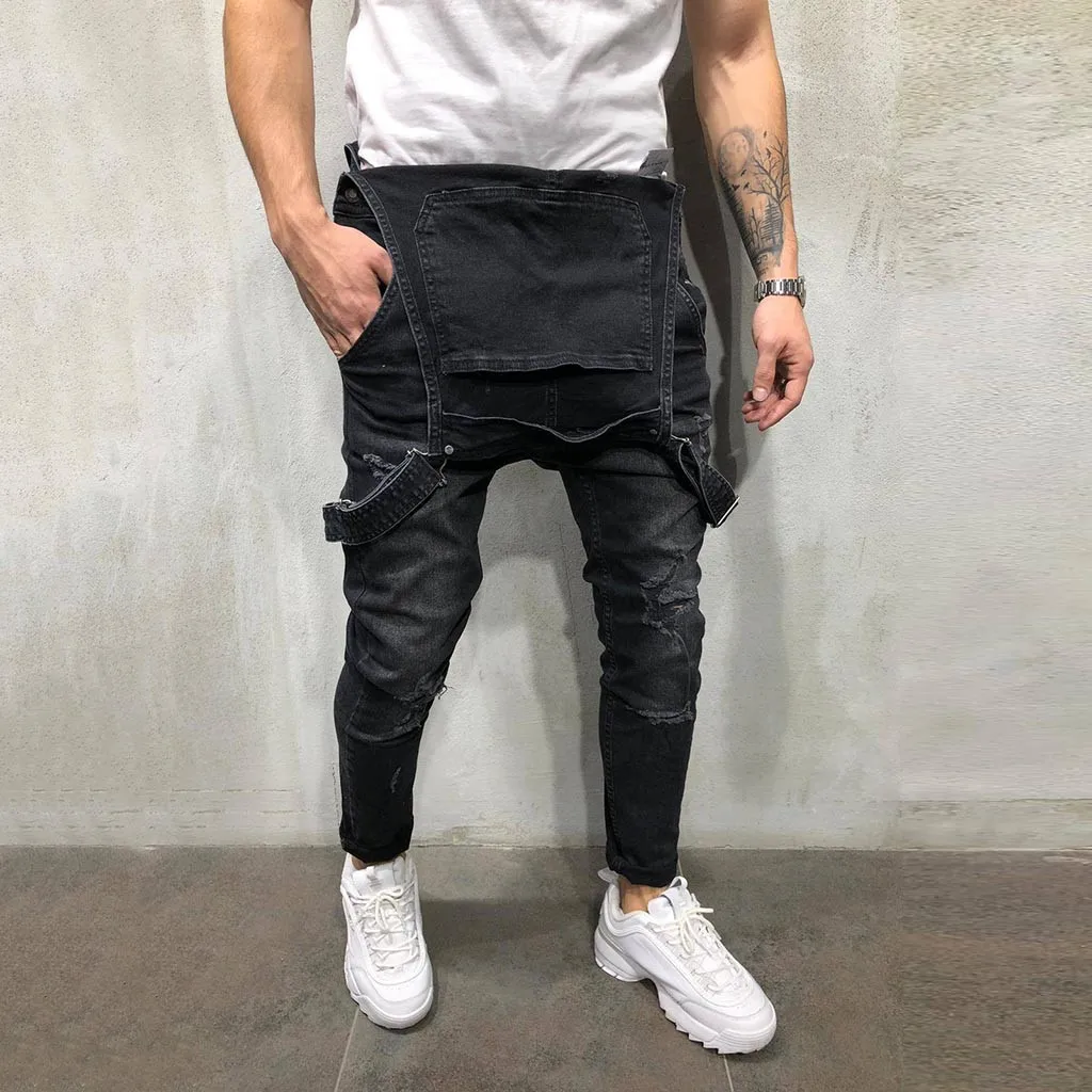 

Spring Summer Autumn Men's Overall Casual Comfortable Jumpsuit Jeans Wash Broken Pocket Trousers Suspender Pants M0910