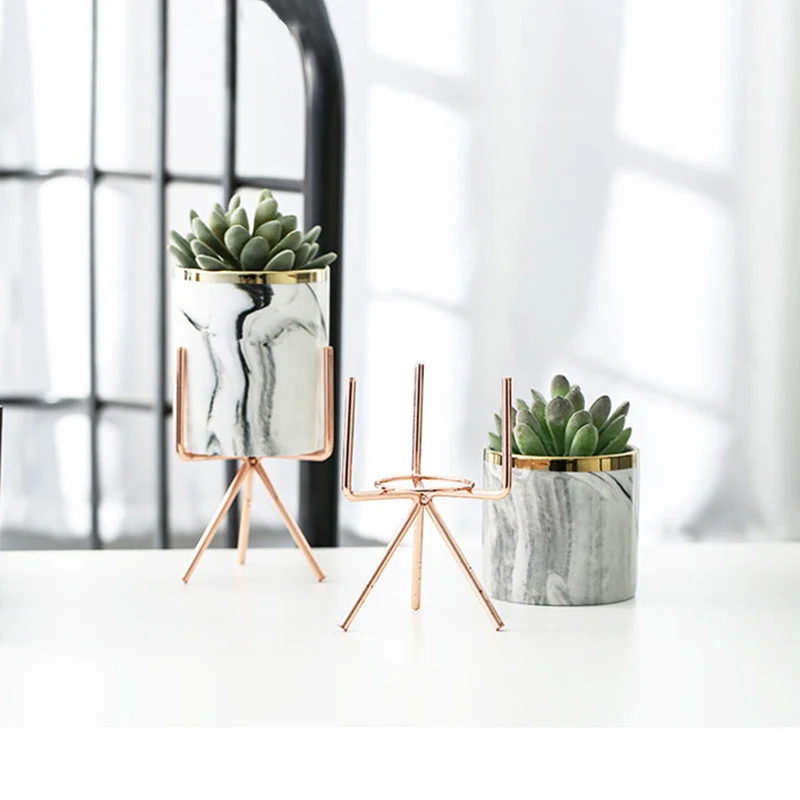 Набор из 3 шт. белых мраморных керамических цветочных горшков с железной