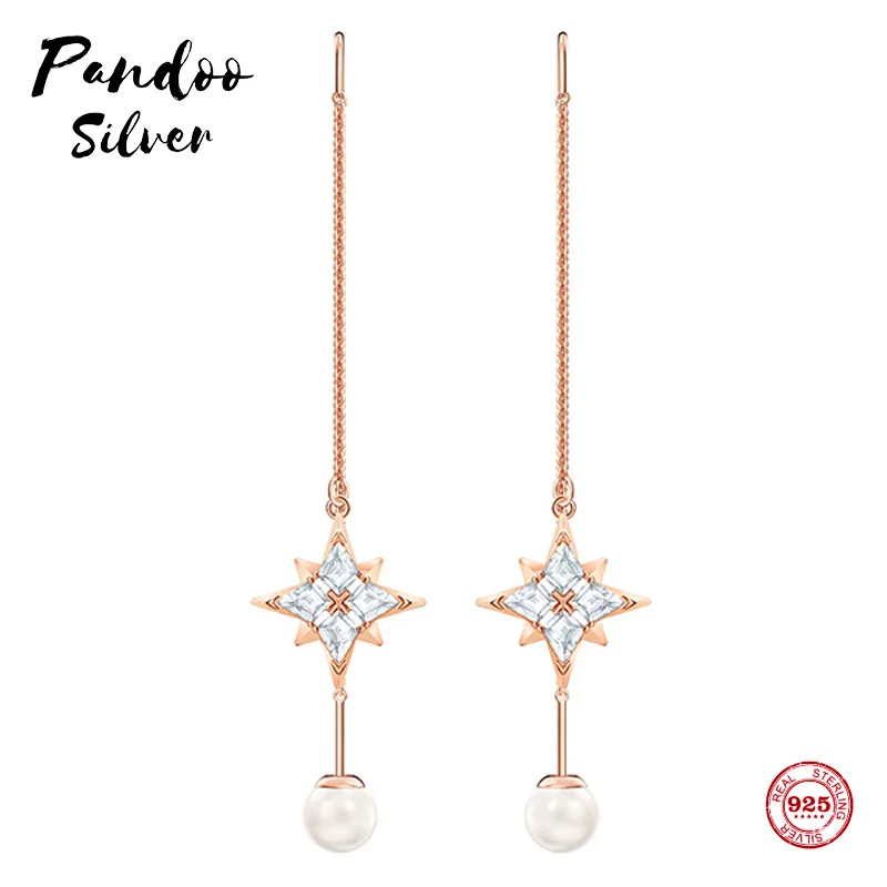 Женские длинные серьги с жемчугом PANDOO украшенные звездами из стерлингового