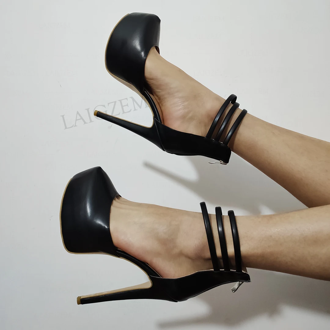 LAIGZEM Women Platform Pumps High Heels Back Zip Black Zip Saandals Faux Leather Party Zapatos Shoes Woman Big Size 42 47 50 52