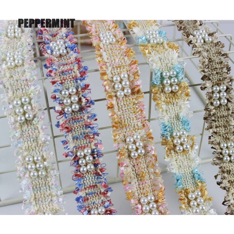 1 yard 3cm Tweed Webbing Pearl Beaded Trim Fabric Ribbon Sewing Handmade DIY Costume Dress Supplies Craft