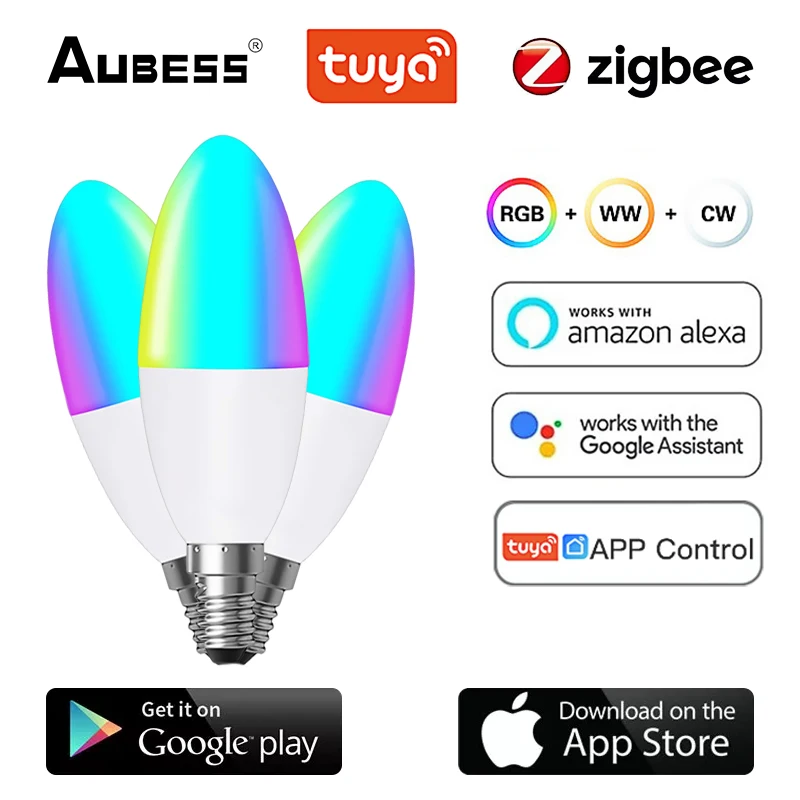 

Умная Светодиодная лампа-свеча Tuya Zigbee 3,0, E14, RGB + W + C, с регулируемой яркостью, работает с умными вещами, Echo Plus, Alexa, Google Home Assistant