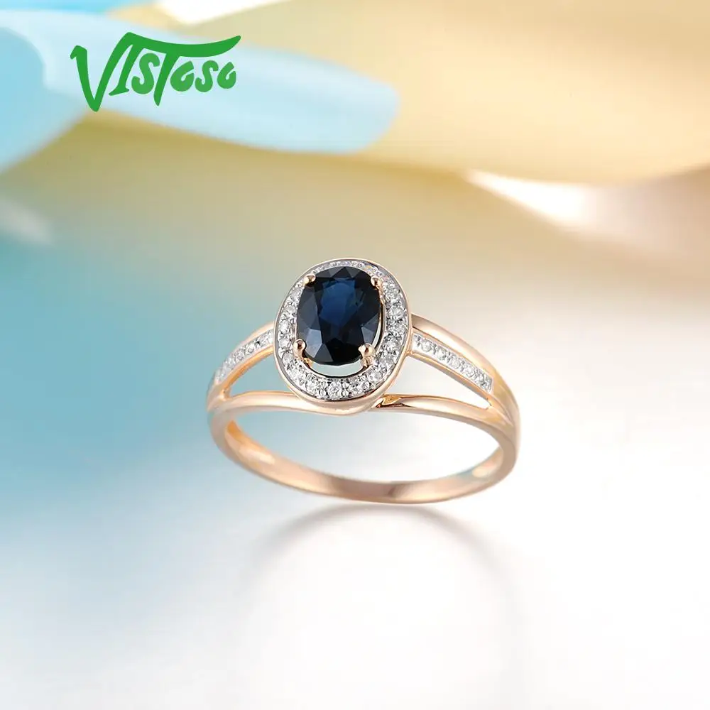 VISTOSO 14K White Gold Rings For Women Genuine Sparkling Diamond Fancy Blue Sapphire Engagement Anniversary Unique Fine Jewelry