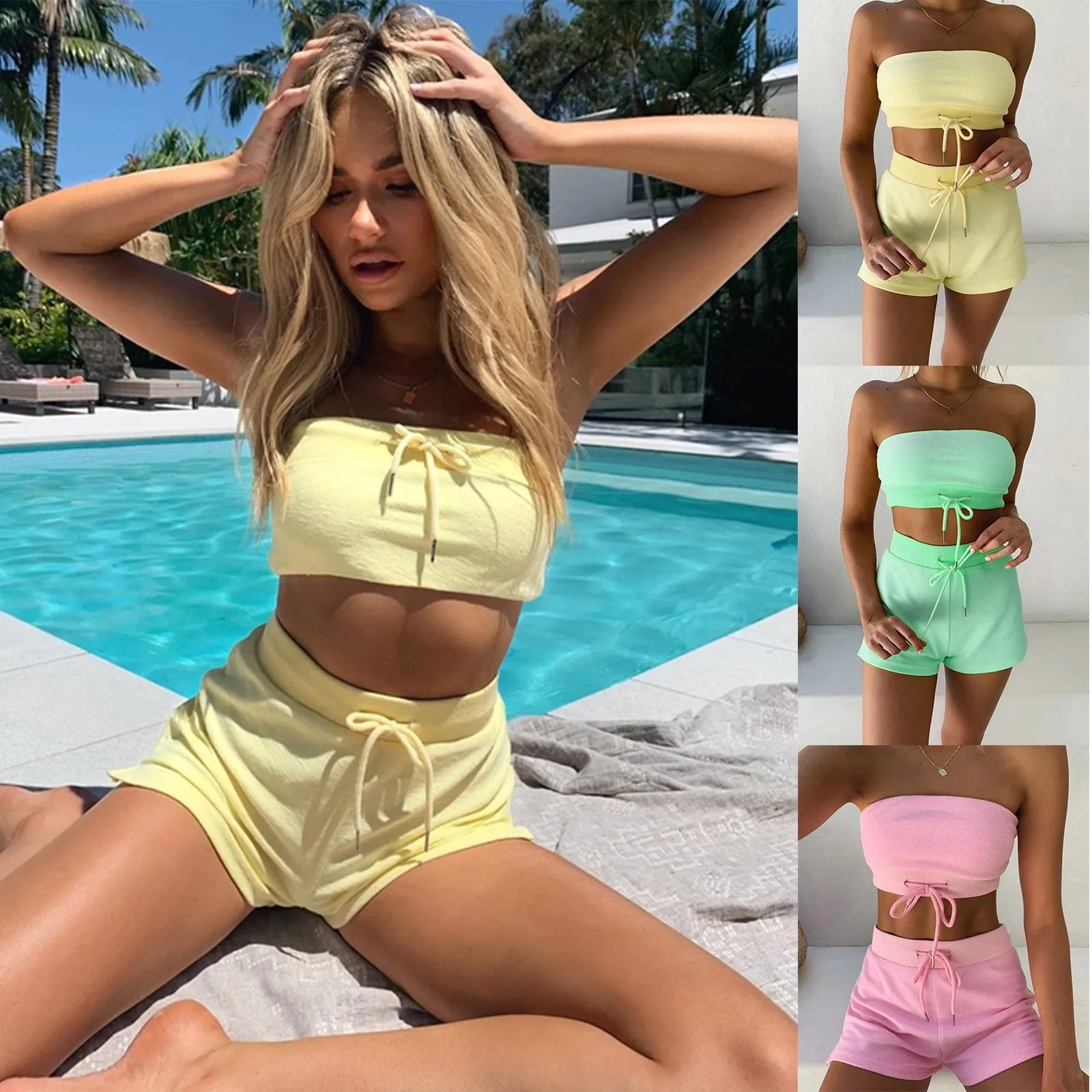 

2021 Women's Mini Sexy Breast Wrap Suit Breast Wrap Short Casual Suit Shorts Drawstring Two Piece Suit Summer Outdoor Hot Pants