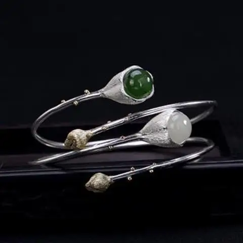 

Original S925 Sterling Silver Natural Hetian Jade Green Jade Lotus Vintage and Little Fresh Literary Lady Open-End Bangle Bracel