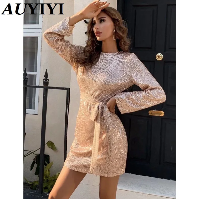 

AUYIYI 2021 тонкое золотистое Подарочное вечернее платье золотистого цвета женское Новое весеннее короткое платье с длинными рукавами и блестк...