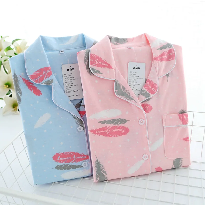Весна New Ladies пижама Set Перо Печатный Полный хлопок Свежий стиль пижамы набор