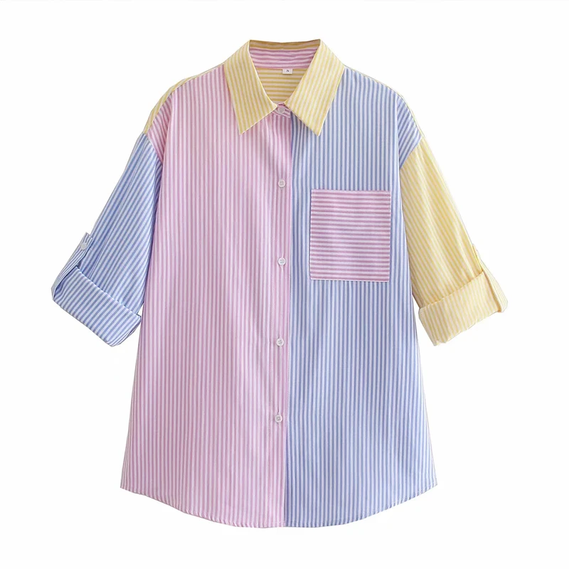

New Za Women Fashion Contrast Color Striped Print Smock Blouse Female Roll Up Sleeve Kimono Shirt Chic Pocket Blusas Tops