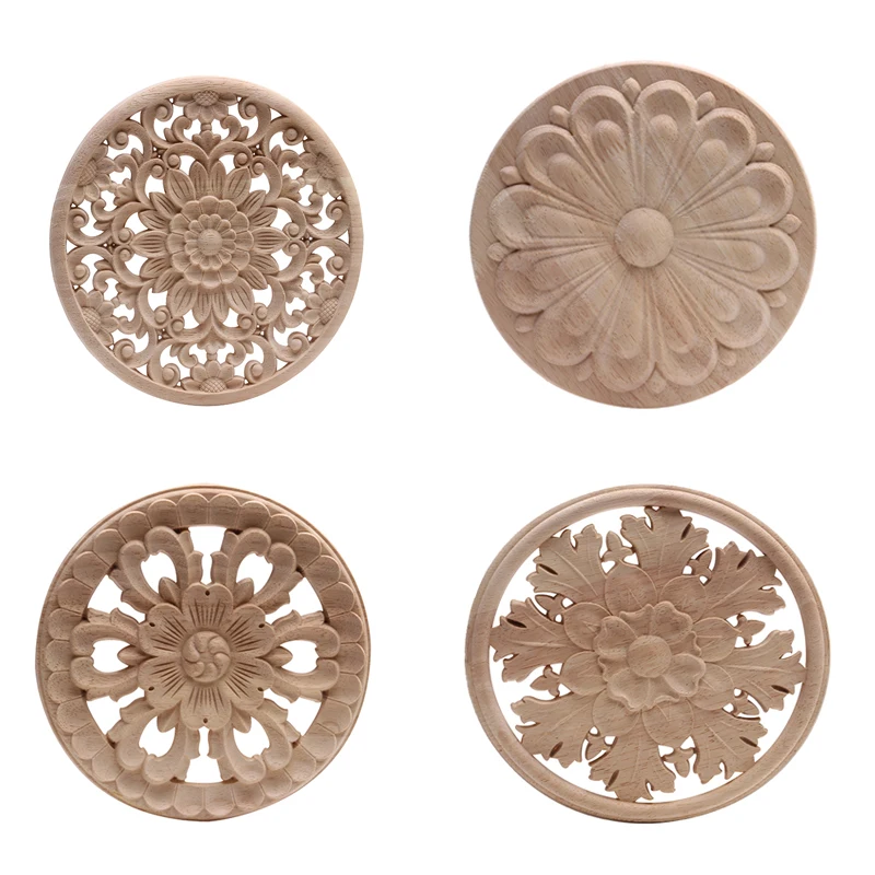 

Wood Applique Onlay Wood Decal Home Cabinet Window Rubber Wood Antique Ornamental Wood Figurines Wood Frame Leaves Round Home