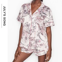 julys song woman pajamas set 2 pieces stain silk women summer sleepwear printed pyjamas sleeve shorts suit homewear loung wear
