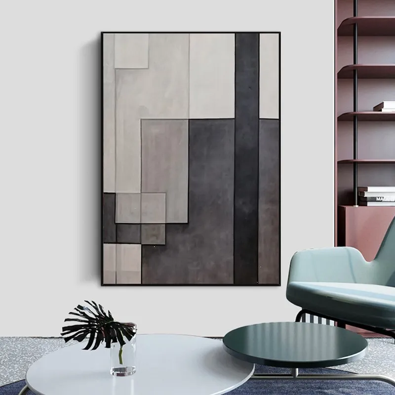 

Contemporary Art Hand-Painting Oil Painting Minimalist Style Black and White Plaid Abstract Living Room Decorative Painting