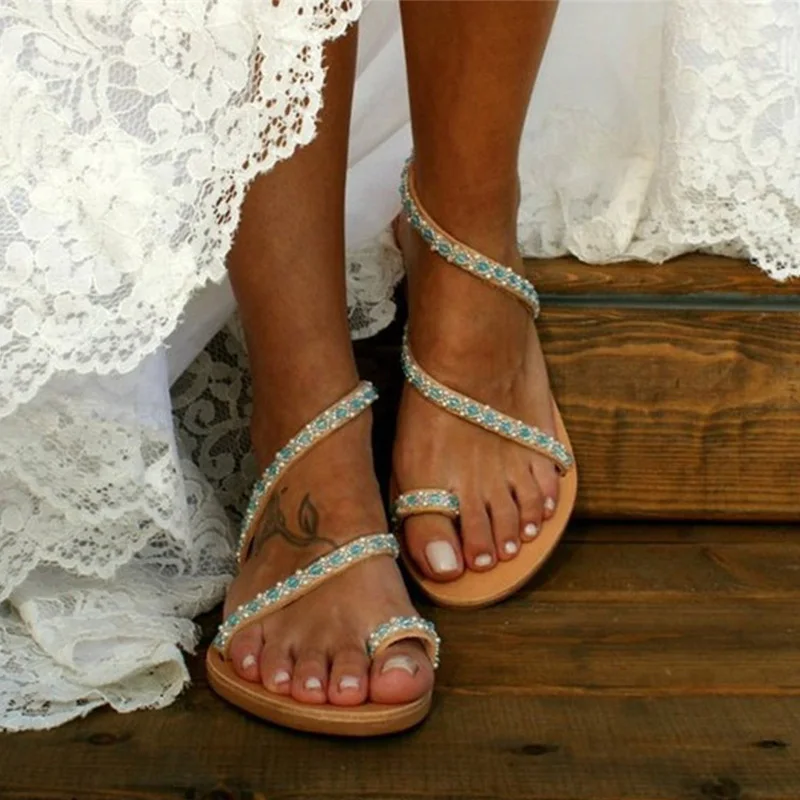 Летние женские сандалии 2020 женская обувь на плоской подошве со стразами и