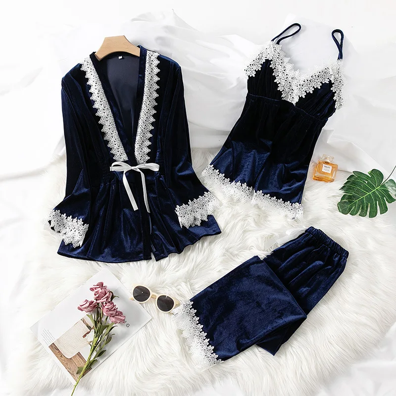

3pcs Spring Autumn Nightgown Set Female Gold Velvet Nightgown Nightdress Sexy Lace Long-sleeved Trousers Home Service Outer Wear