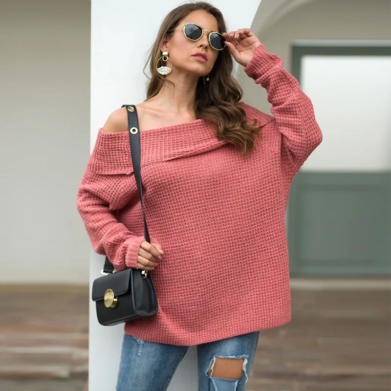 

2019 Autumn and winter hot style pure color women's sweater with loose knit neck 80