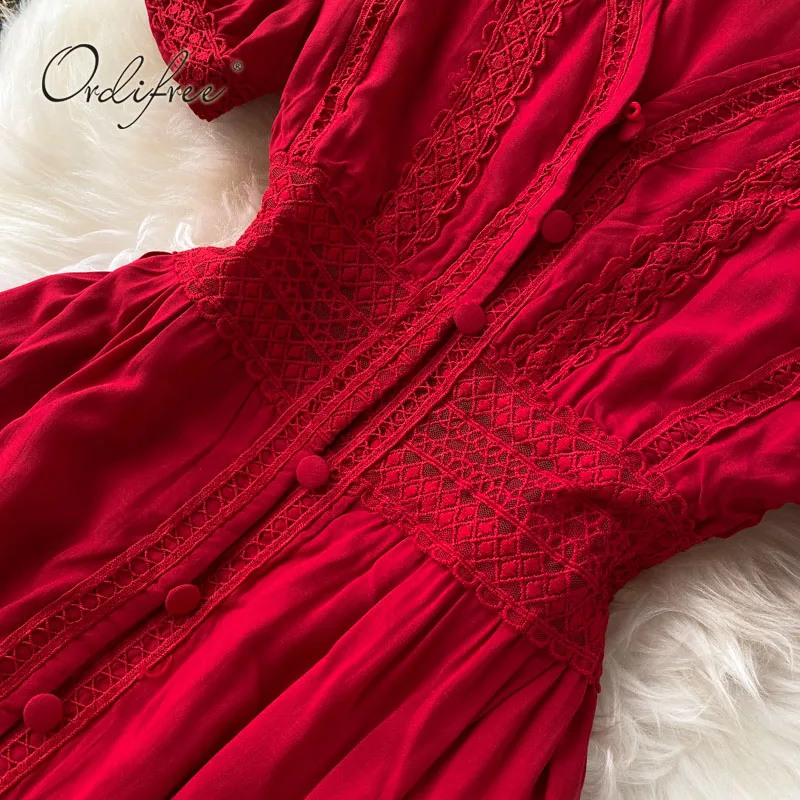 Женское длинное вечернее платье Ordifree Красное Белое Кружевное пляжное