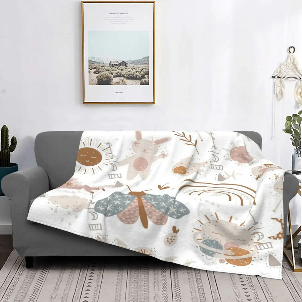 

Manta con diseño de sol y luna de animales, a cuadros para cama colcha, Picnic, manta Kawaii, colcha de verano