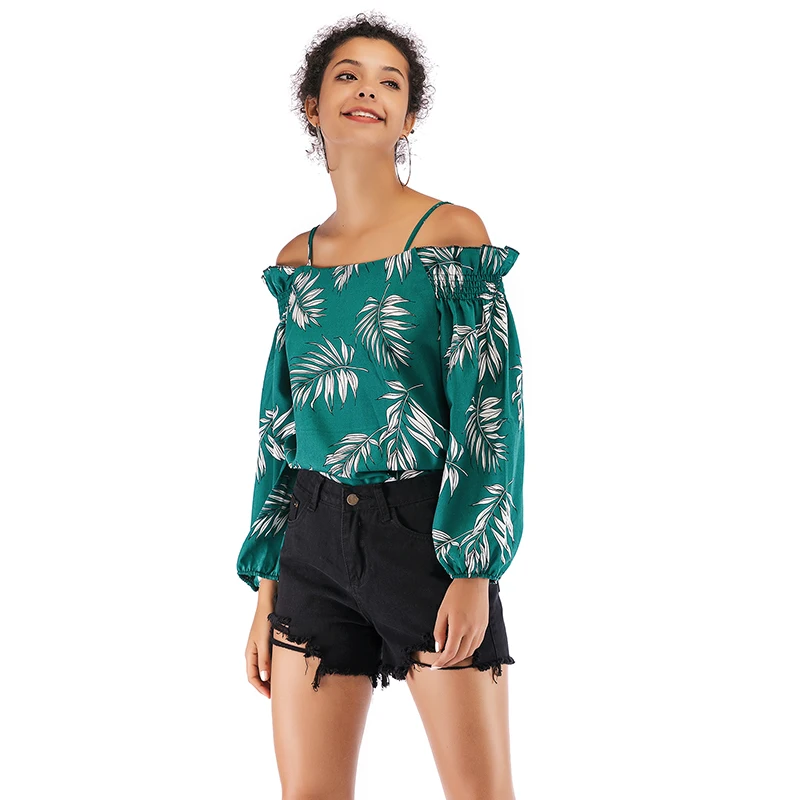 

Leaf Print Long Sleeve Shirt Women Sexy Slash Neck Shoulder Strap Casual Tops And Blouses Elegant Lady Loose Street Shirt