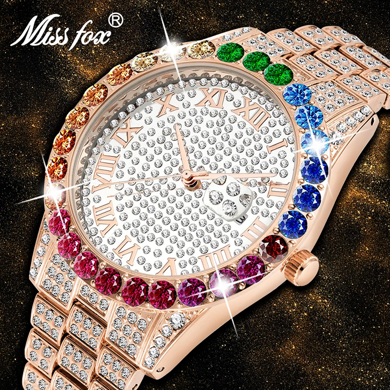 

Мужские часы MISSFOX Rainbow Diamond, аналоговые Роскошные брендовые кварцевые часы из нержавеющей стали 18 К розового золота
