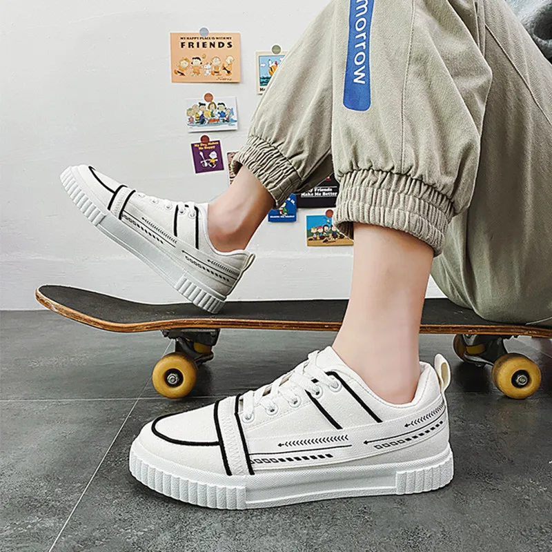 

KIANII Male Casual Lace-Up Skateboard Shoes 2021 Summer Fashion Geometric Flat Shoes 39-44size Street Trend Canvas Shoes For Man