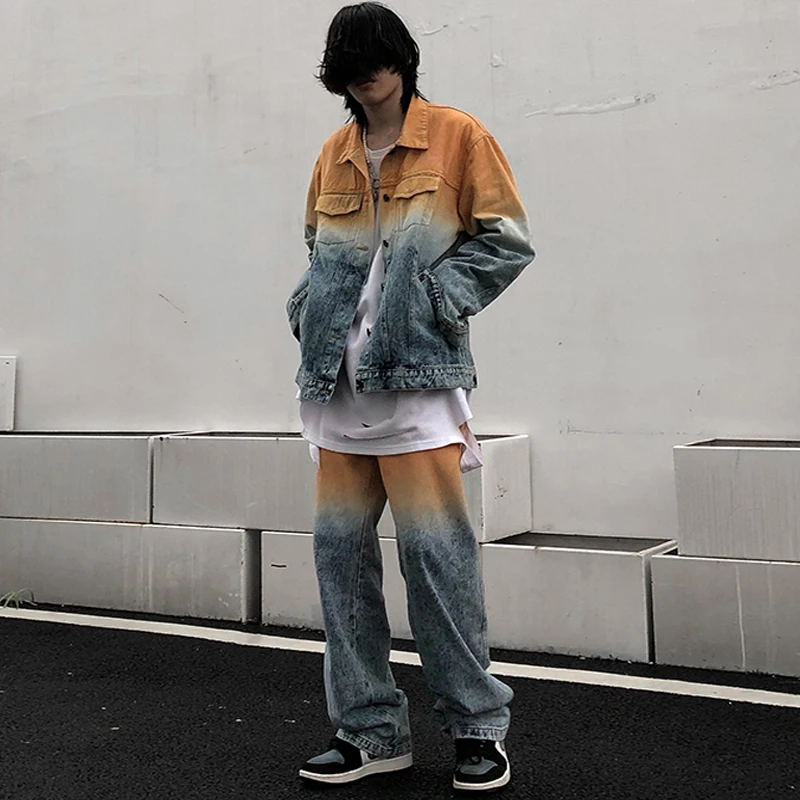2 Pieces Sets Men Fashion Gradient Single Breasted Denim Jeans Jackets Coats and Zipper Straight Pants Joggers Streetwear Sets