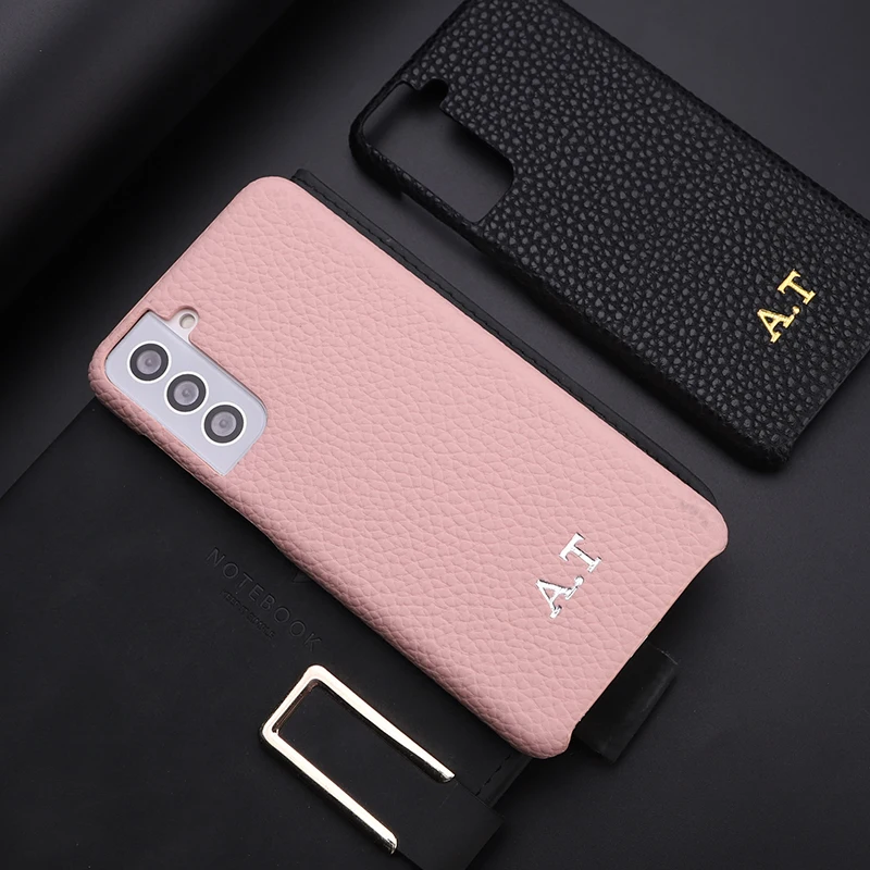 luxury leather foil print custom initial name phone case for samsung galaxy a70 a7 2018 a50 s8 s9 s10 s21 personalization cover free global shipping