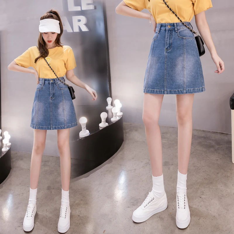 New 2020 Summer A-line Denim Skirts For Women Vintage High Waist Female Faldas Streetwear Kawaii Mini Skirt Plus Size Saia Jeans | Женская