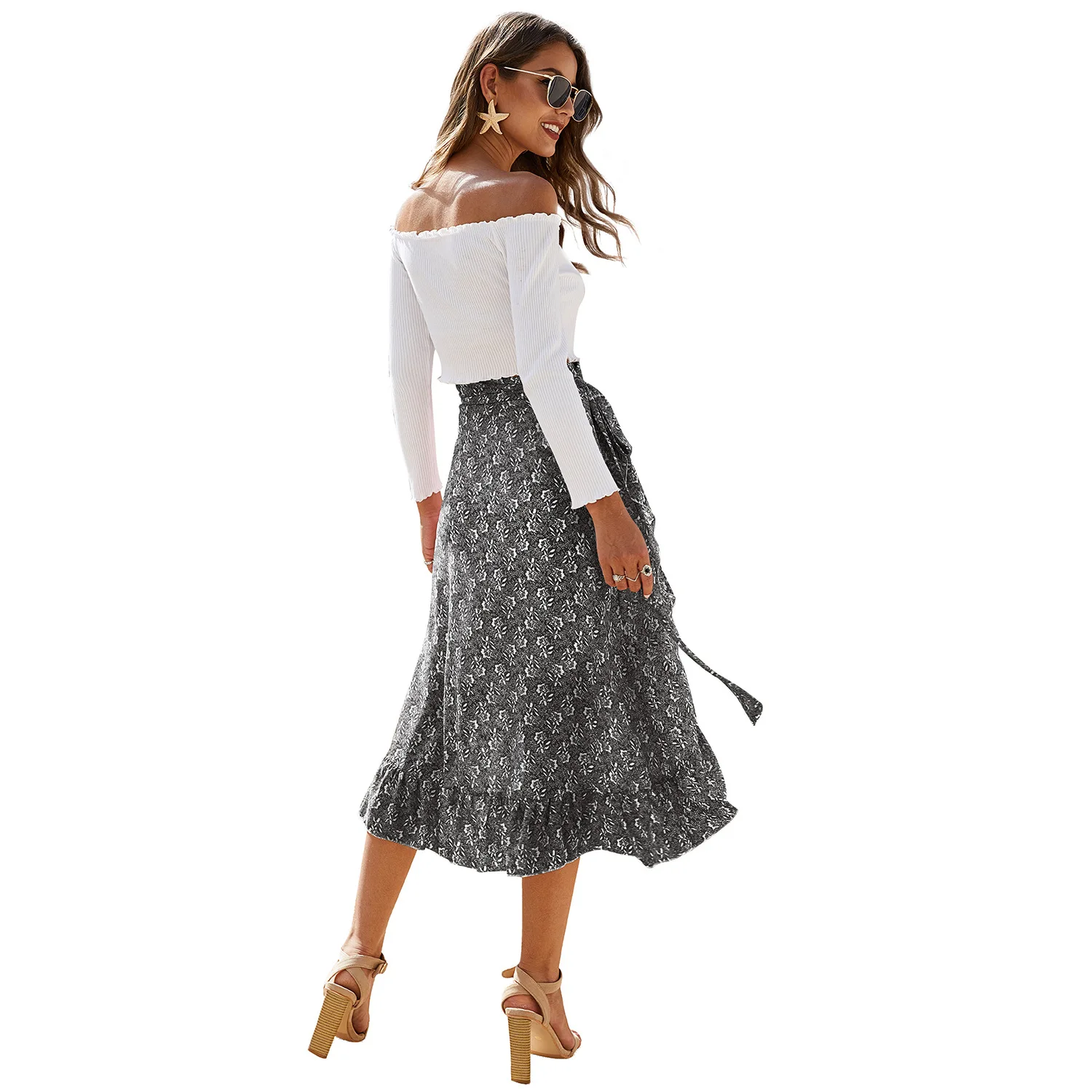 

Boho Fashion Korean Ruffle Midi Midi A-line Skirt Lace up Women Casual Spring Summer High Waist Irregular Printed Skirts Female