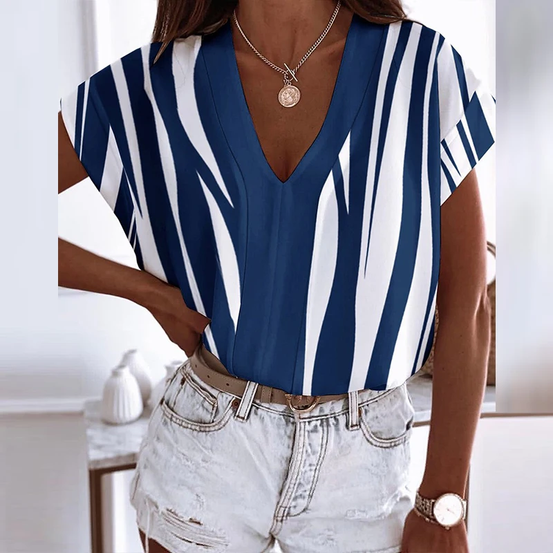 

Summer Printed Elegant Short Sleeve Blouse Shirts Women New Casual V-Neck Pullover Tops 2021 New Fashion Ladies Blouses Tops