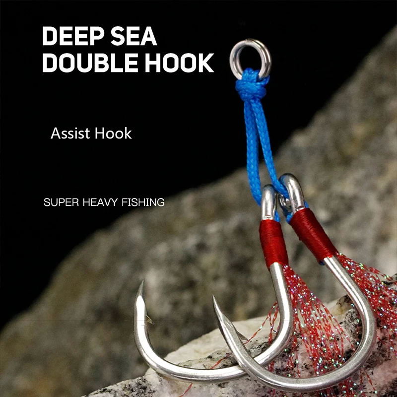 10Pairs Jig Assist Hook 2/0 5/0 Deep Sea Shake Slowly Jig Lure Hook Saltwater Double Hook Fish Hooks Nylon/PE Line Fishing Hook