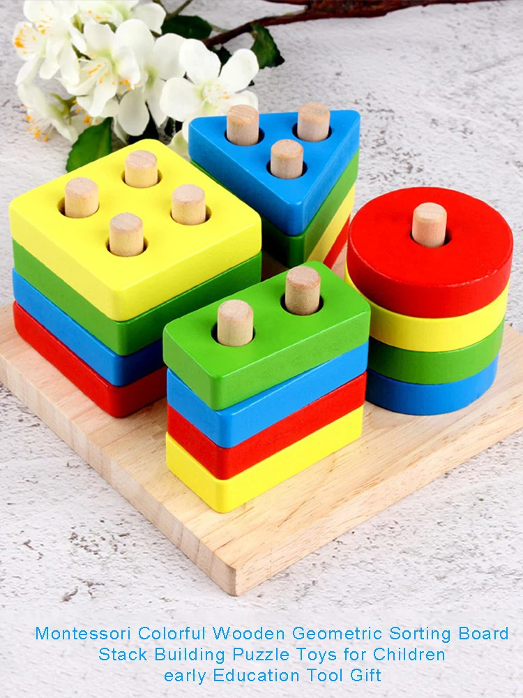 

Montessori Colorful Wooden Geometric Sorting Board Stack Building Puzzle Toys For Children Early Education Tool Gift Puzzle Toy