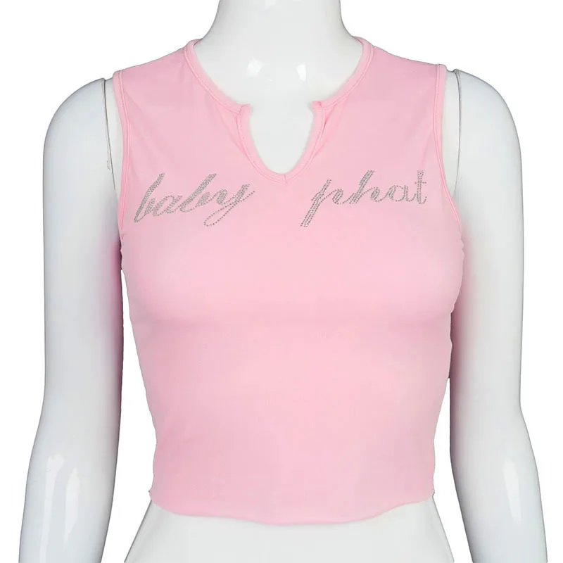 

V-neck rhinestones hot drilling slim crop top women clothing