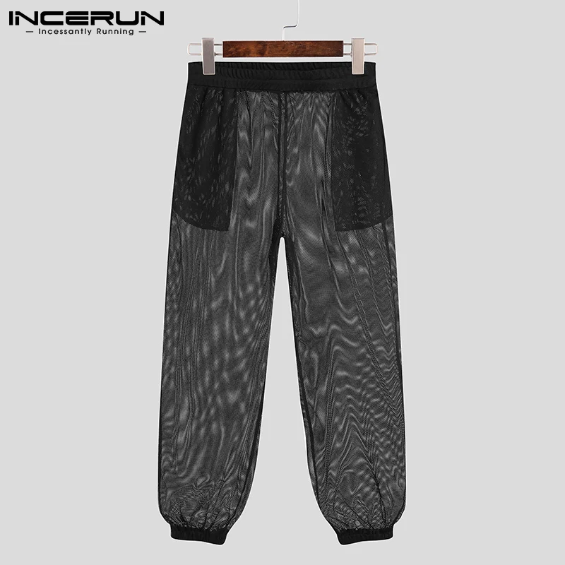 

INCERUN Men Mesh Pants Solid Elastic Waist Streetwear Sexy See Through Casual Vacation Trousers Men 2021 Pockets Loose Pantalon