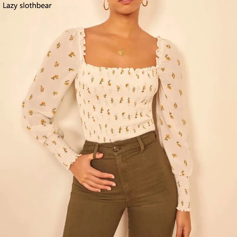 

Новое поступление, женские весенне-летние топы с длинным рукавом и квадратным вырезом, топ с цветочным принтом, приталенная Милая Одежда дл...
