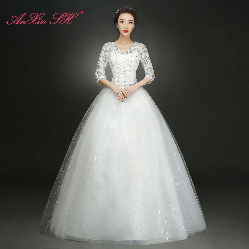 AnXin SH beauty white flower lace wedding dress princess v neck beading crystal half sleeve red | Свадьбы и торжества