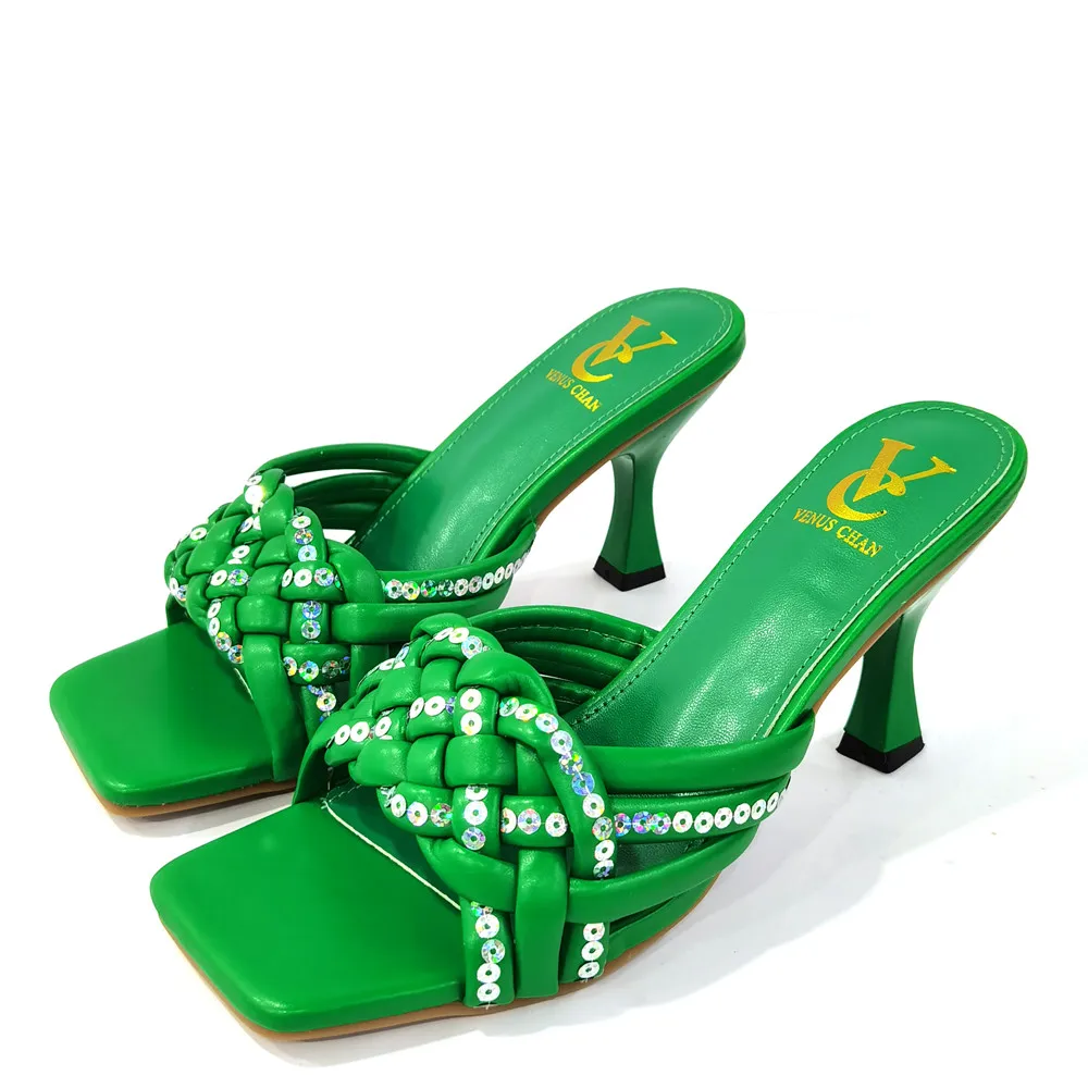 

Green Color Italian Design Shoes INS Hot Sale African Ladies Shoes with Crystal High Quality Shoes can Match Wedding Dress