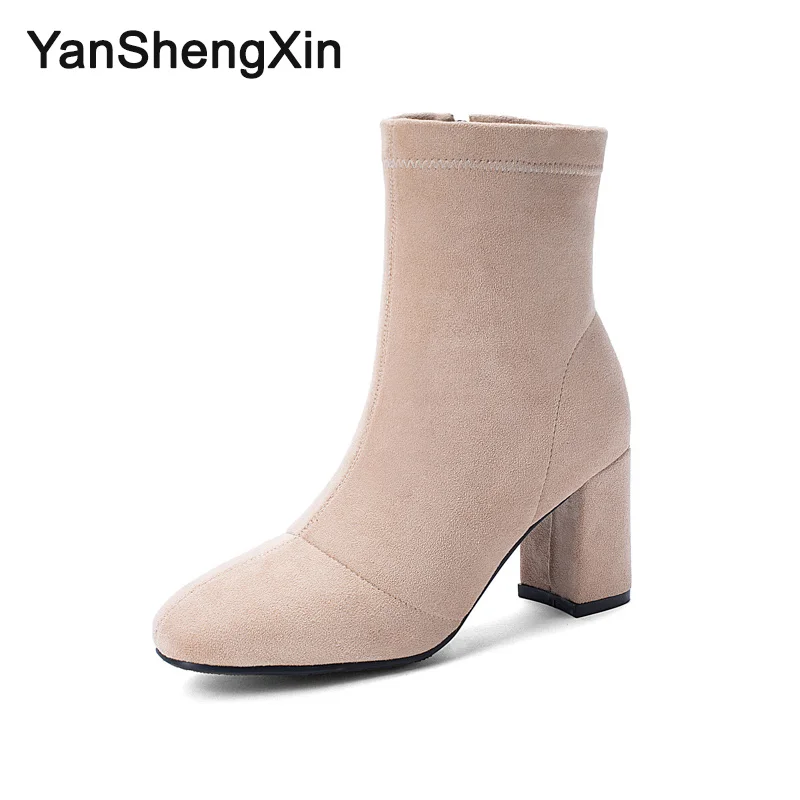 Apricot YANSHENGXIN/обувь женские ботинки однотонные замшевые сапоги до середины икры на молнии Женская обувь на высоком каблуке осенне-зимние сапоги женские ботинки - Цвет: Apricot